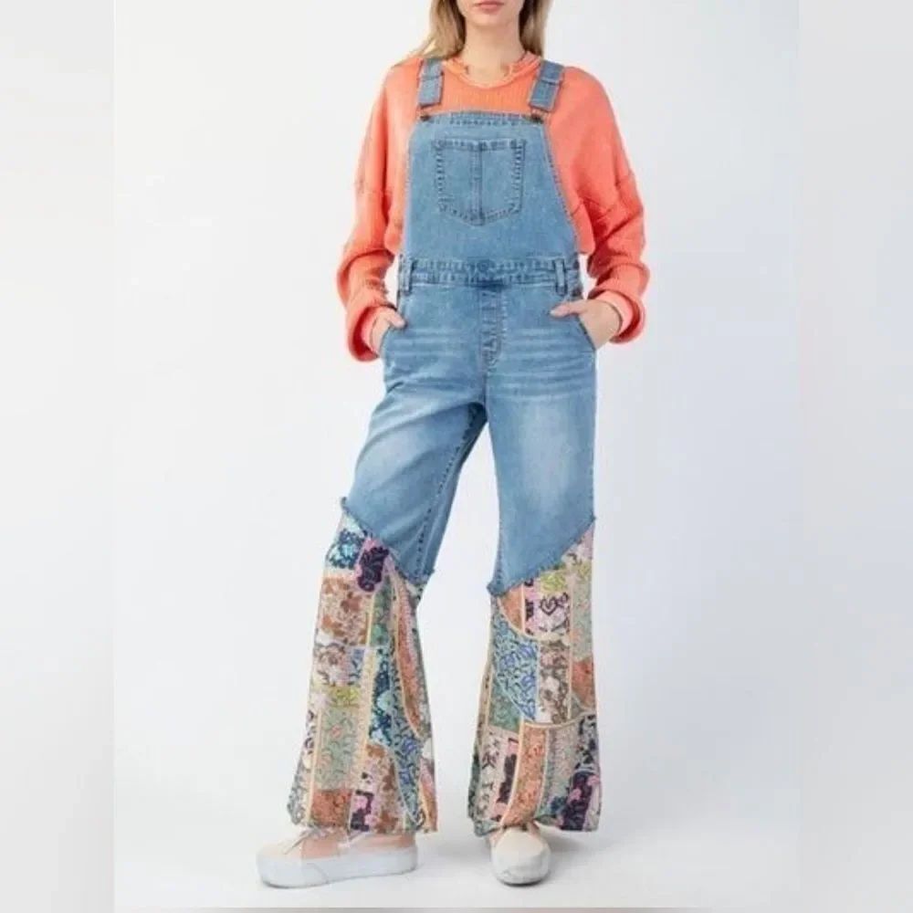 OG Easel Overalls Pants with Patchwork Accent - Light Denim